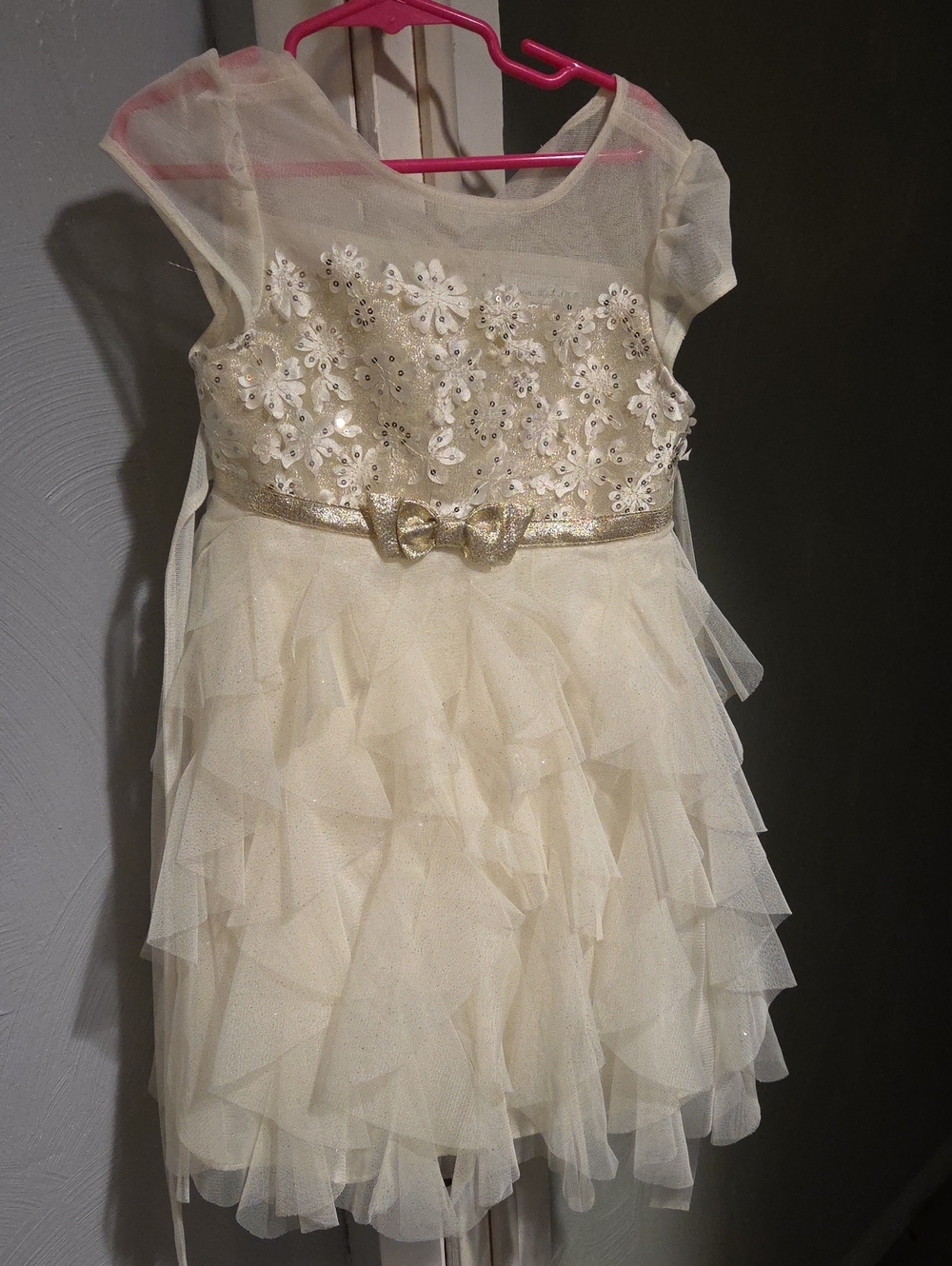 Jona Michelle Cream Tulle Floral Dress with Gold Bow
